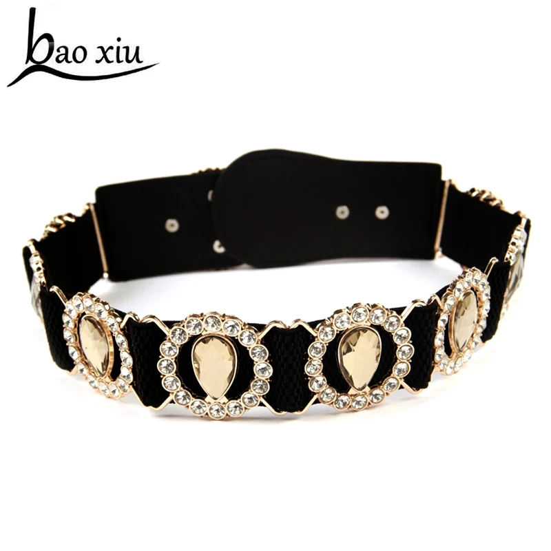 

Elastic Rhinestone Mirror Metal Waist Belt Metallic Bling Gold Plate Wide Obi Band for Women Female Accessories Dress Belts