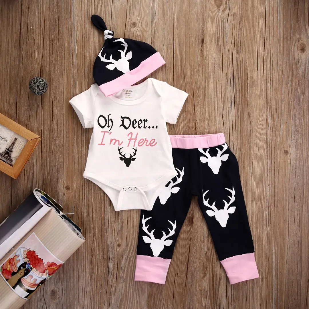 Adorable Baby Girls Top Romper Short sleeve +Deer Pants Leggings Hat