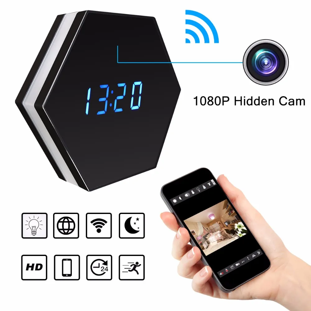 

Mini Camera Clock HD 1080P WiFi Smart Mirror Clock with Night Vision Two-Way Audio Motion Detection Colorful LED light kamera