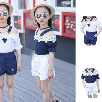 

Girl Summer Clothes Set Baby Girl Lace Shirt + Shorts Summer Teenage Kids Off Shoulder Short Sleeve Top