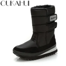 OUKAHUI Unisex 36-47 Plus Size Snow Boots Men Winter Shoes Waterproof Non-Slip Solid Color Black Thicken Warm Mid-Calf Boots