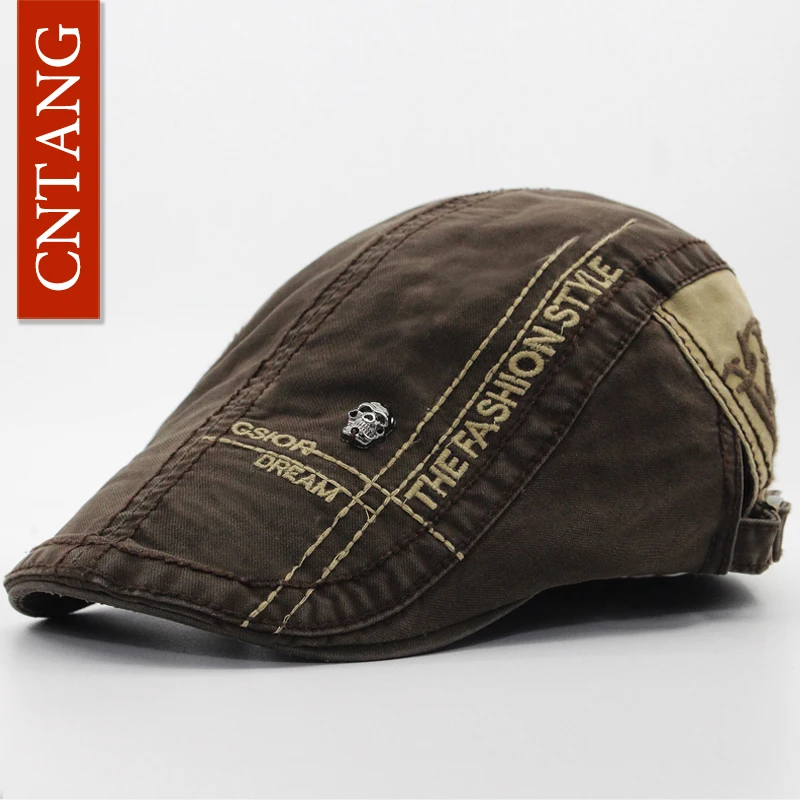 Beret hat CNTANG Casual Letter Embroidery Skull Beret Cotton Visor Cap For Men Fashion Hat Retro Flat Caps Button Adjustable Berets