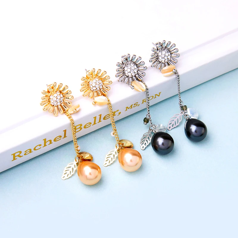 

kissme Exquisite Crystal Shell Flowers Acrylic Pearl Dangle Earrings For Women Gifts Fashion Two-color Brass Jewelry Wholesale