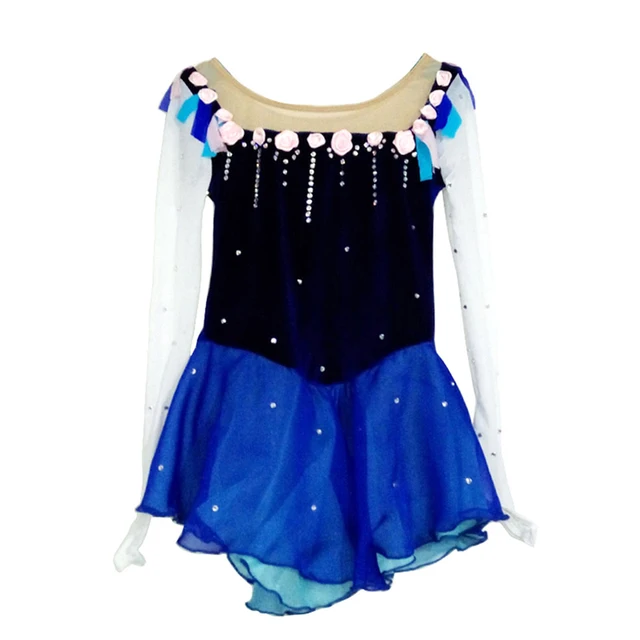 Cheap Customized Costume Ice Figure Skating Dress Rhythmic Gymnastics Blue Adult Child Girl Skirt Performance Rhinestone Long Sleeve