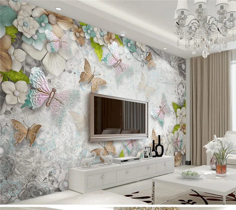 Custom Any Size Interior 3D Butterfly Flower Pearl 3d Gorgeous Mediterranean TV Background Wall Silk Mural Wallpaper