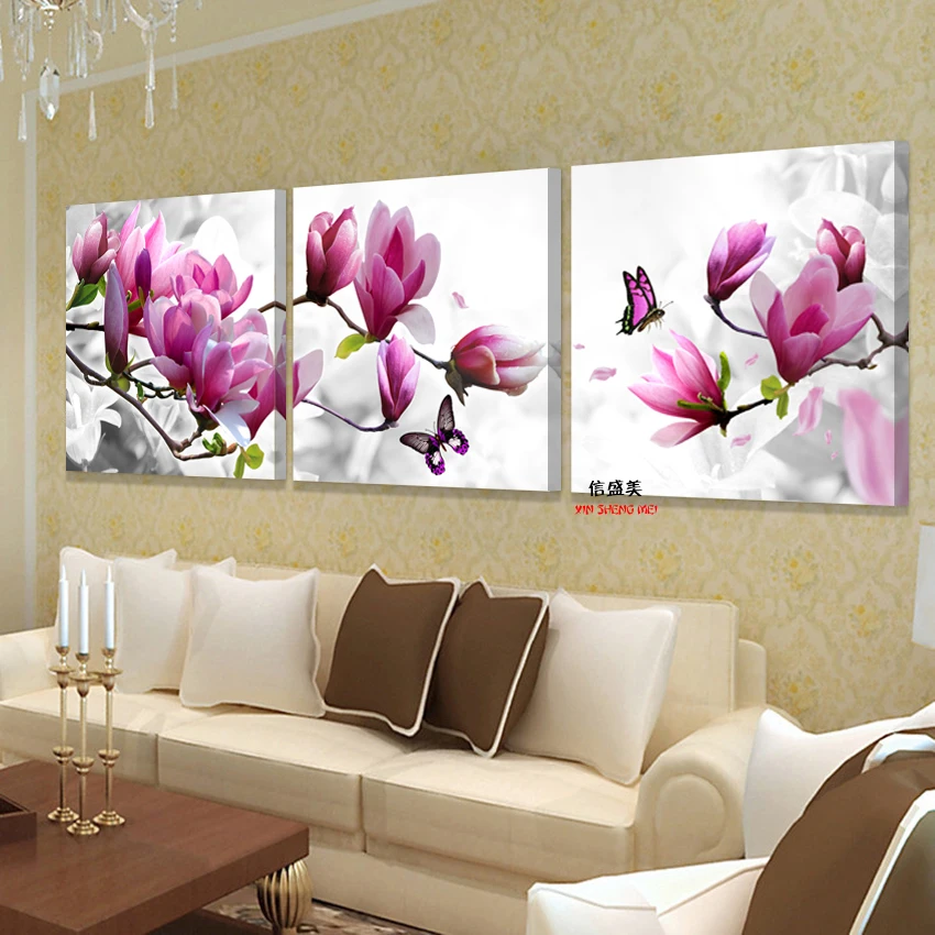 

XIN SHENG MEI Canvas Wall Art Pink Orchids Decoration Art Oil Painting Modular Pictures On The Wall Sitting Room Poster 3P041