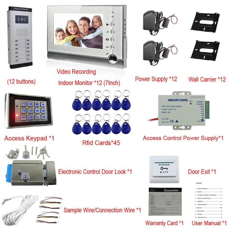 Видео Запись видео телефон двери управление доступом клавиатура дверной звонок для квартиры 12 единиц домофон с экраном памяти цвет 7"