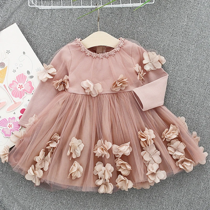 Toddler Girl Flower Princess Dresses Long Sleeve Cotton Party Dress