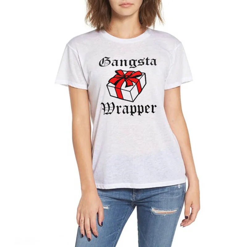 

SexeMara Christmas T Shirt Gangsta Wrapper Funny Christmas T-shirt Christmas Gift Womens Cotton Short Sleeve Print Tee Tops