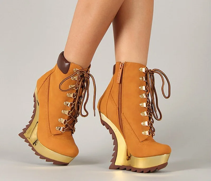 2016 new fashion spring women bandage motorcycle boots slope with gear