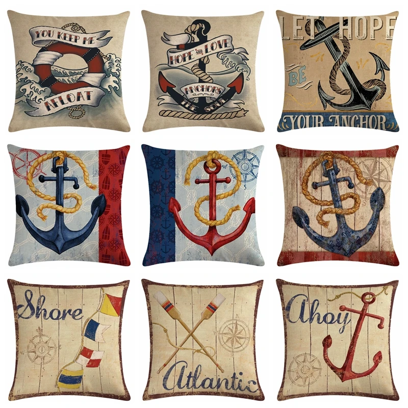 

Retro Style Compass Printed Cushion Cover Anchor Pattern Marine Ship Throw Pillow Case Decorative Pillowcase Cojines Almofadas