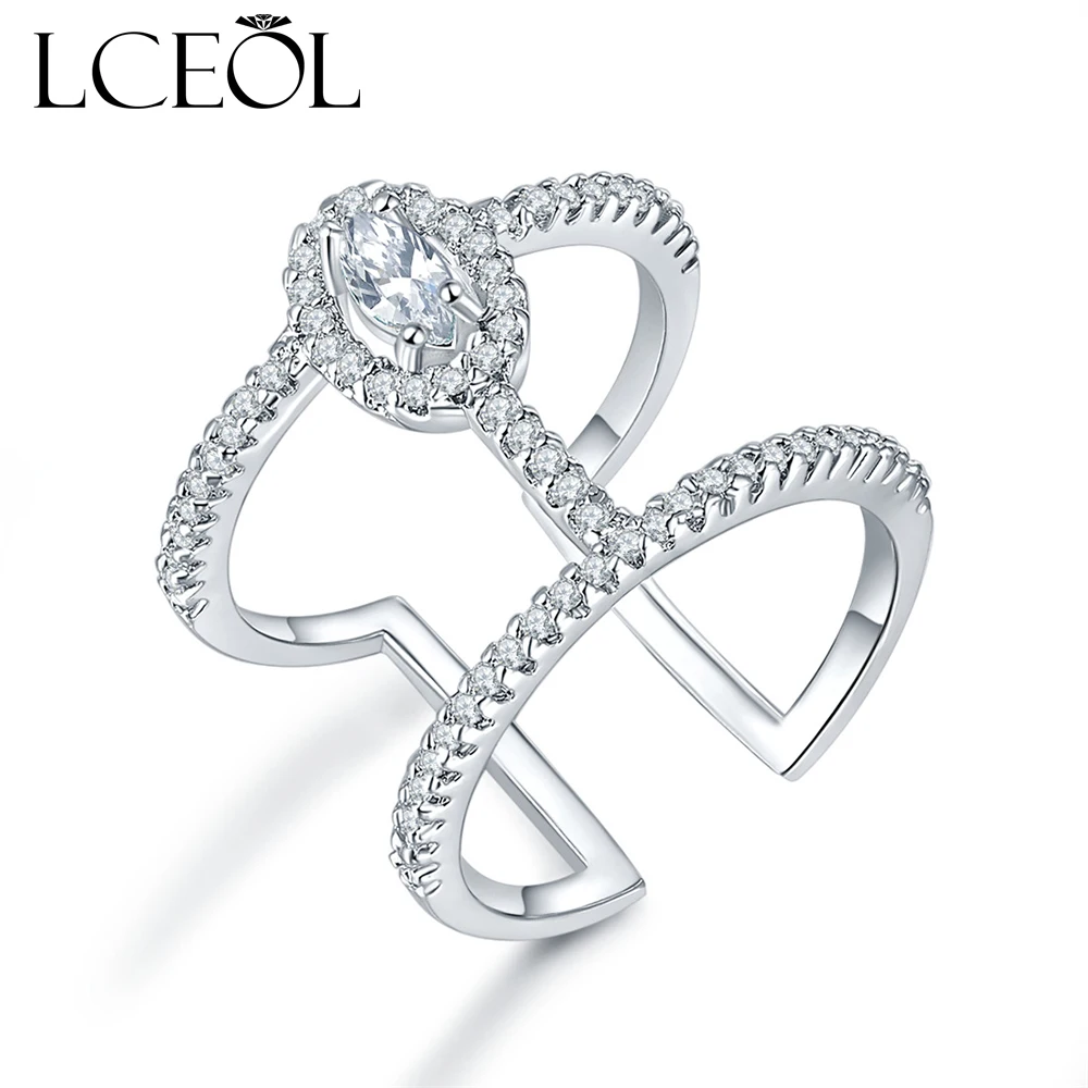 

LCEOL New Open ring white Gold Color 2 Circle Connected Big Round CZ Pave Micro Zirconia Party Jewelry Gifts Jewelry for Women