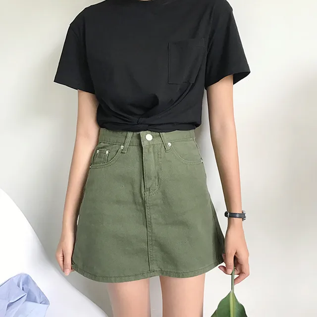 green denim skirt