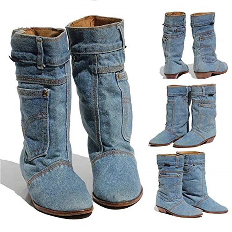 

Vabadus Women Mid-calf Boots Casual Pointed Toe Denim Canvas Shoes Woman Slip-on Warm Shoes Ladies Work Low Heels Booties yx701