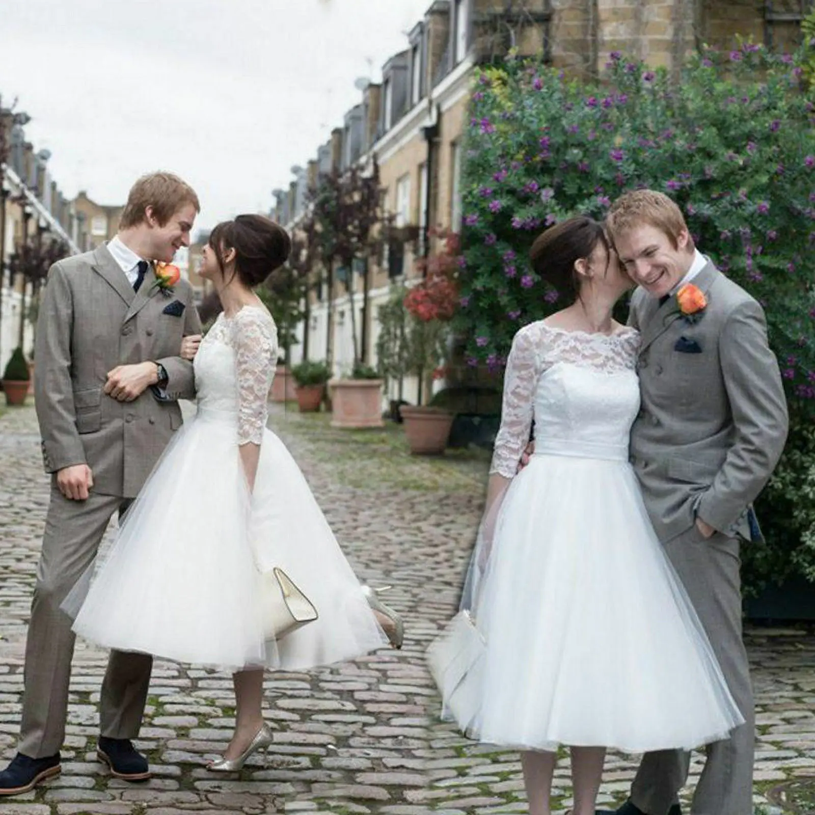 Tea Length 3 4 Sleeve Beach Wedding Dress Bridal Gowns Custom Size
