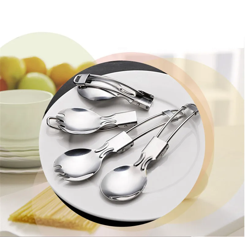 304 Stainless Steel Folding Cutlery Set Folding Knife and Fork Spoon Salad Spoon Straw Outdoor Portable Folding Tableware