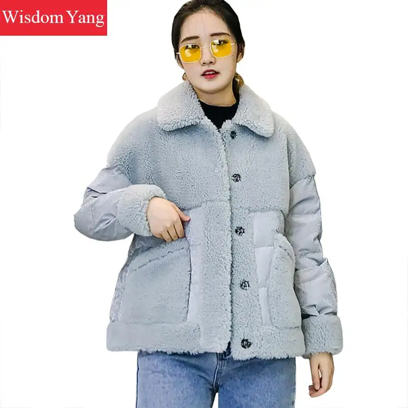 

Winter Warm Real Sheep Shearing Coat Wool Women Coat Cashmere Fleece Jackets Short Grey Pink Oversize Woolen Overcoat Outerwear