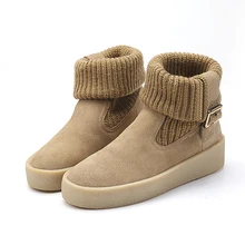women fashion winter boots woollen yarn knit bootees leather boots for girls women double use