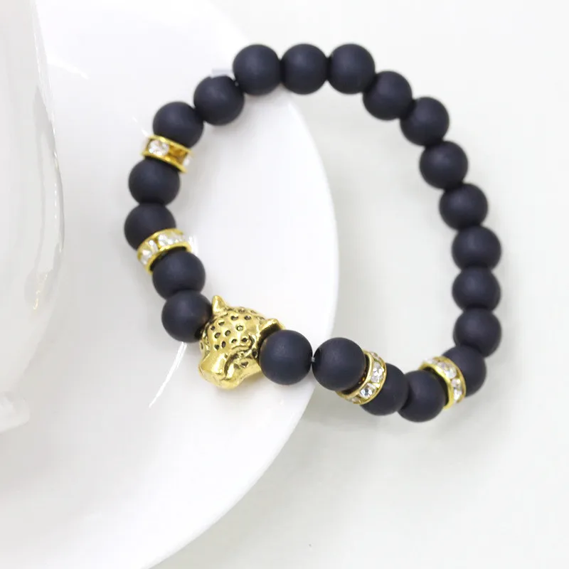 

Natural stone Beads men bracelets Lucky Charm Matte Black Natural stone Beads Onyx Stone Matt Tiger Leopard Bracelets for men