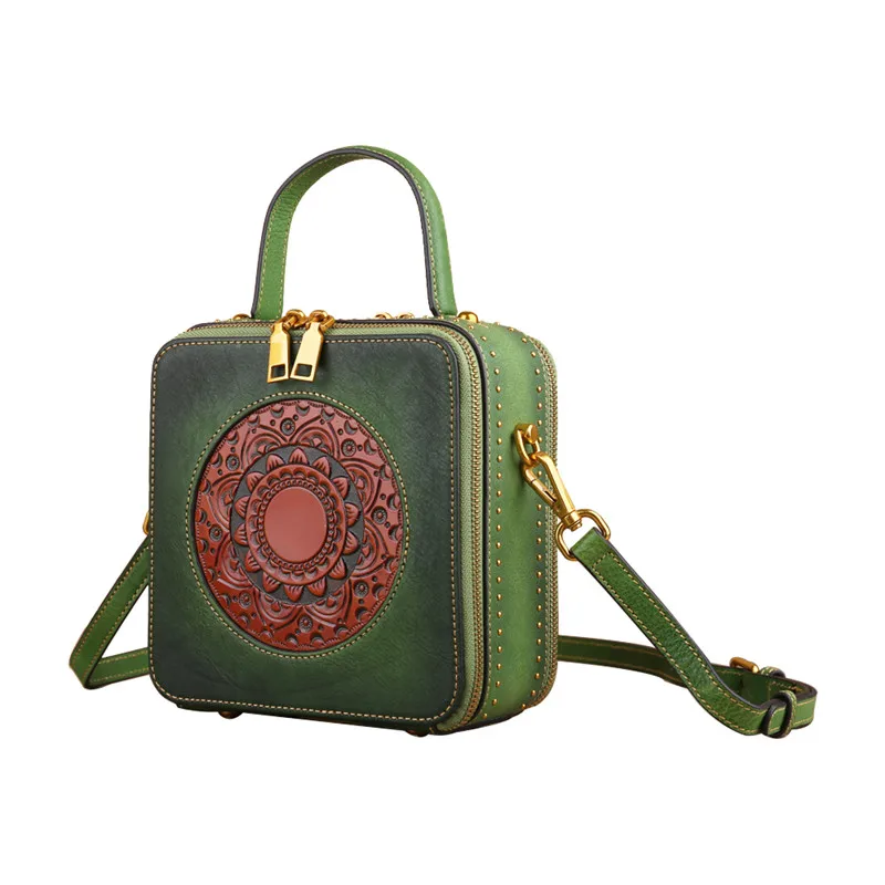 Nesitu Top Quality Flower Pattern Vintage Brown Grey Red Green Genuine Leather Small Women's Handbag Tote Messenger Bags M3028 | Багаж и