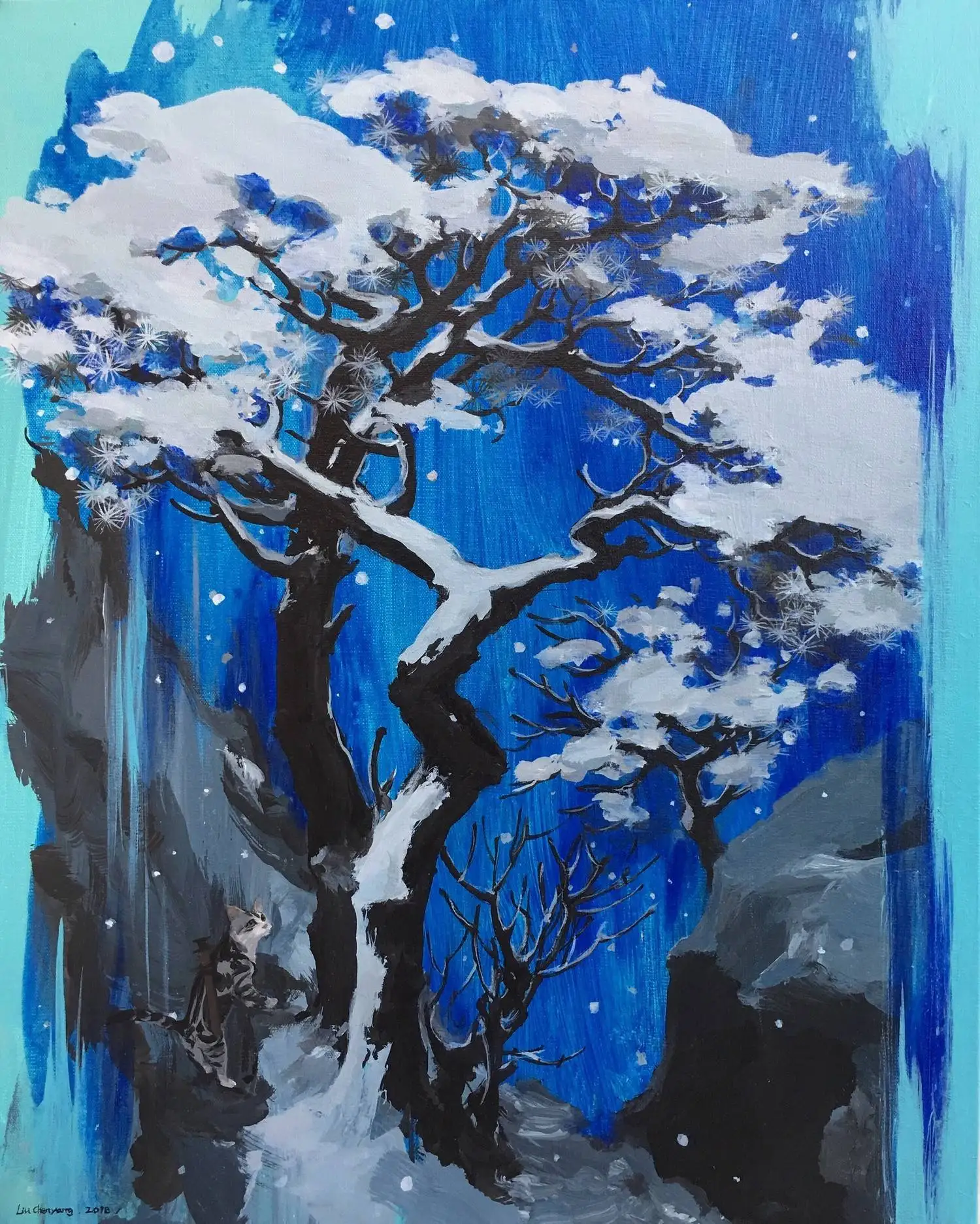 

Chinese Artist Liu Chenyang's Work"Swords-cat and Pine Tree No.6" Acrylic on Cloth Painting Framed Home Decor Wall Fine Art Hand