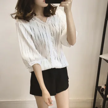 

Summer Women Blouses Tops Solid Casual Lace Hollow Out Shirts OL Blouse