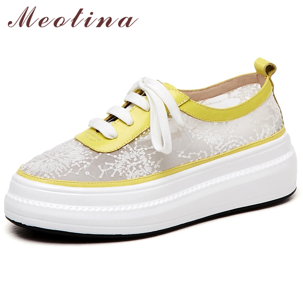 

Meotina Women Shoes Spring Flats Natural Cow Leather Flower Flat Platform Shoes Mesh Lace Up Round Toe Shoes Ladies Size 34-40