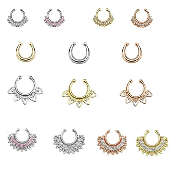 

100pcs Mixed crystal nose stud indian famous brand nose hoop rings piercing jewelry alloy gold fake septum nose ring for women