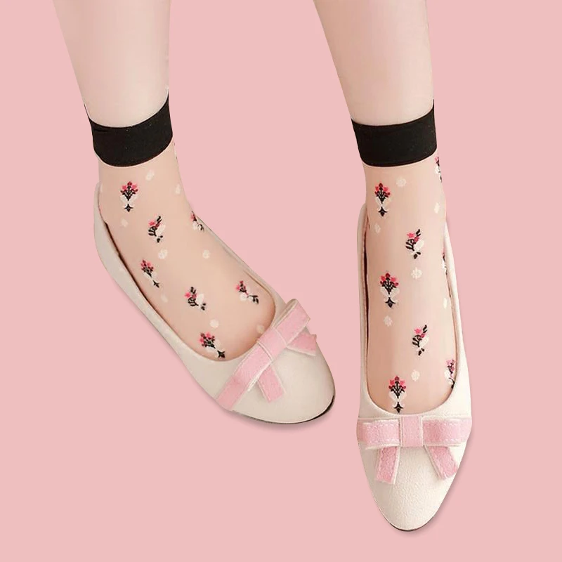 Женские носки до щиколотки, летние прозрачные сетчатые носки с цветочной вышивкой, милые нарядные носки Лолиты, элегантные женские носки