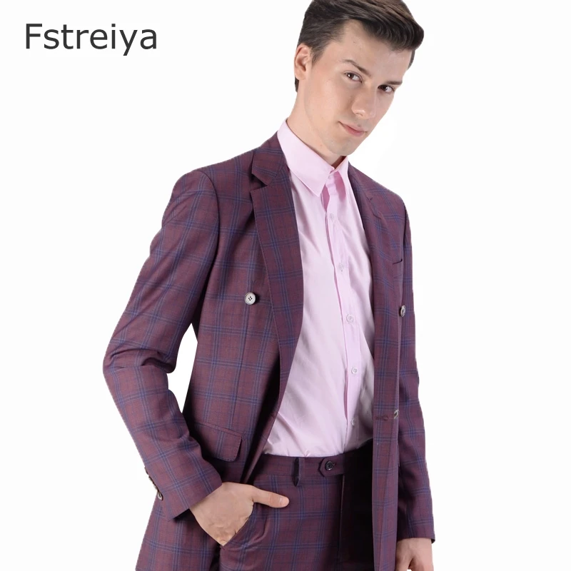  Tailor-made high quality wool Grid men suits for wedding Custom made christmas suit men terno slim double breasted suits 2pcs