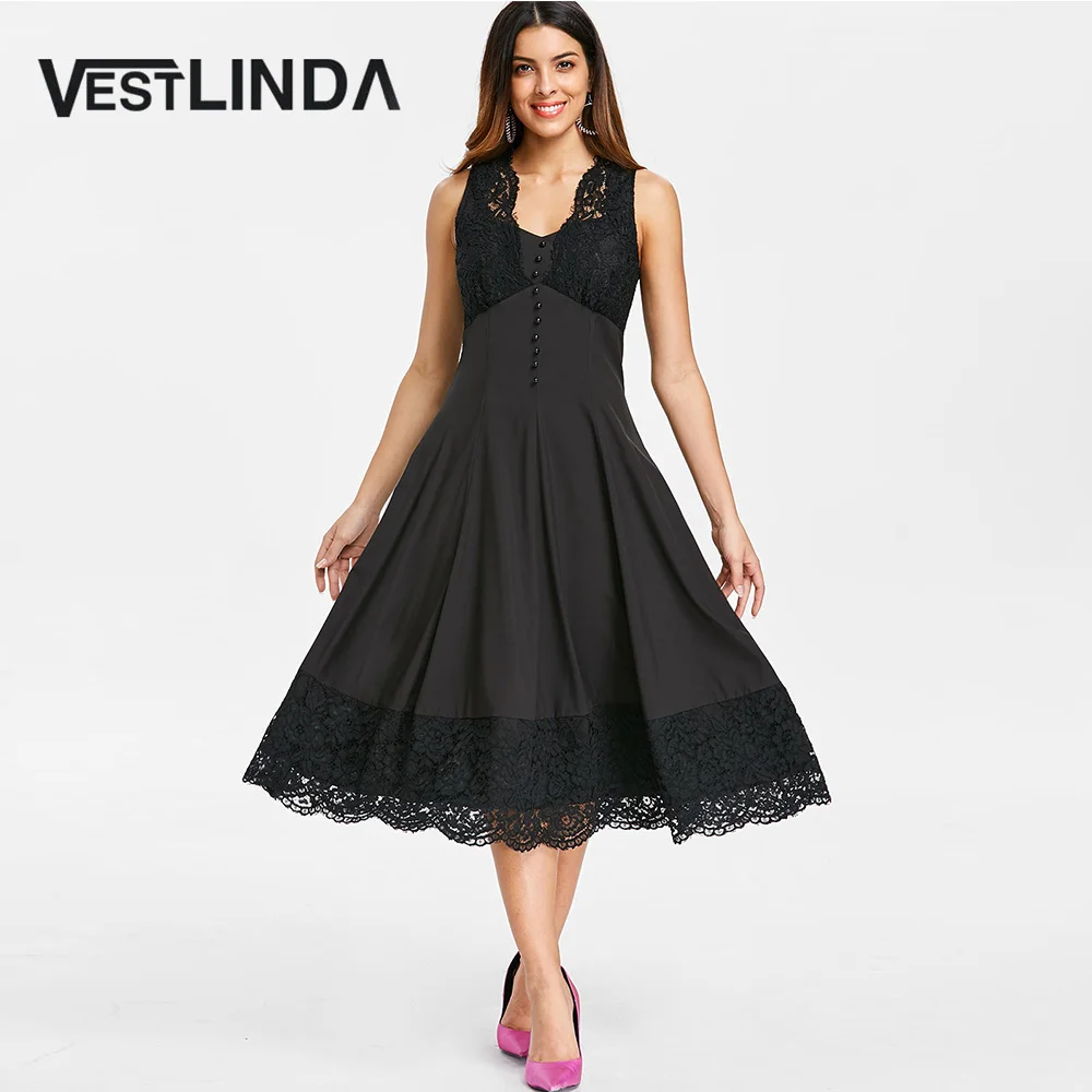 Женское винтажное платье VESTLINDA без рукавов с v образным вырезом и пуговицами на