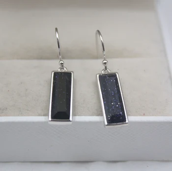

Real Sterling S925 Silver Earrings Blue Sandstone Rectangle For Women Ladies Girl 28*6mm Dangle Earrings Hook