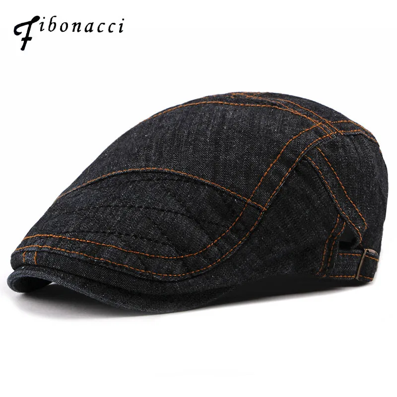 

Fibonacci 2018 New Patchwork Newsboy Cap Washed Denim Cotton Retro Men Hats Spring Autumn Ivy Flatcap Berets