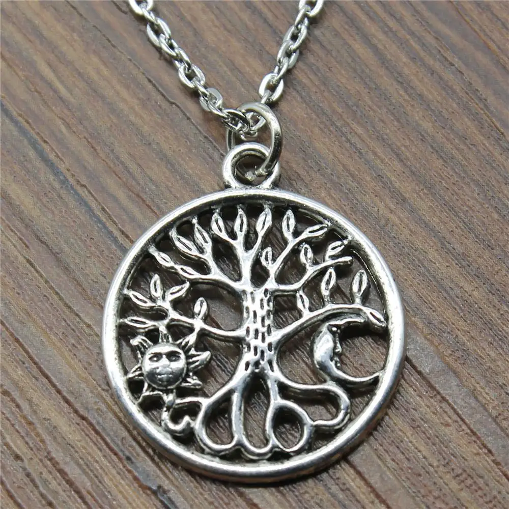 

Dropshipping Welcome 29x25mm Sun And Moon Tree Pendant Necklace Antique Silver Color Necklace Fashion 2019