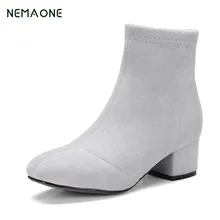 NEMAONE/; Модные ботильоны из натуральной овечьей замши; модные женские ботинки с квадратным носком на толстом каблуке; женские ботинки на высоком каблуке