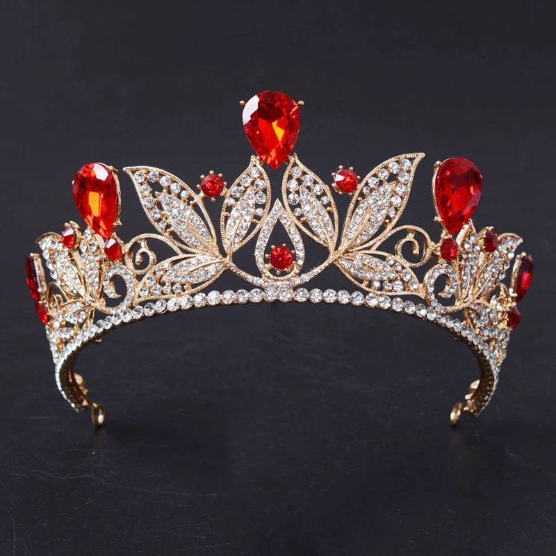 

Romantic Wedding Bridal Hair Jewelry Baroque Golden Crown Tiara Gold Color Red Green Blue Crystal Rhinestone Hairwear HG215