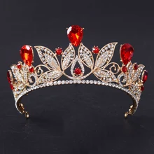 Romantic Wedding Bridal Hair Jewelry Baroque Golden Crown Tiara Gold Color Red Green Blue Crystal Rhinestone Hairwear HG215