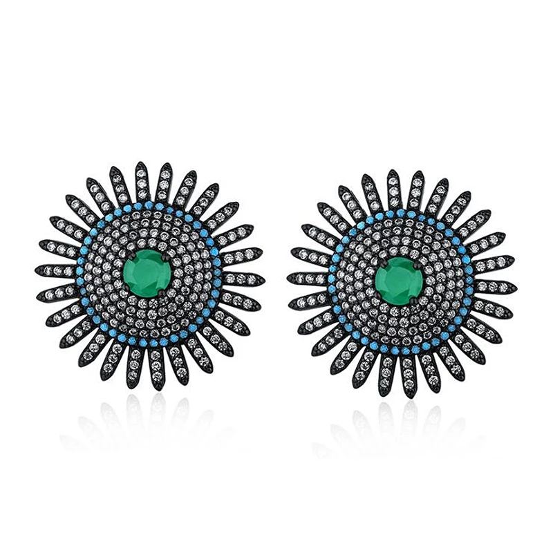 

Ruifan Romantic Sun Flower Shape Zirconia Turquoise Women's Stud Earrings Bohemia Black 925 Sterling Silver Party Jewelry YEA174