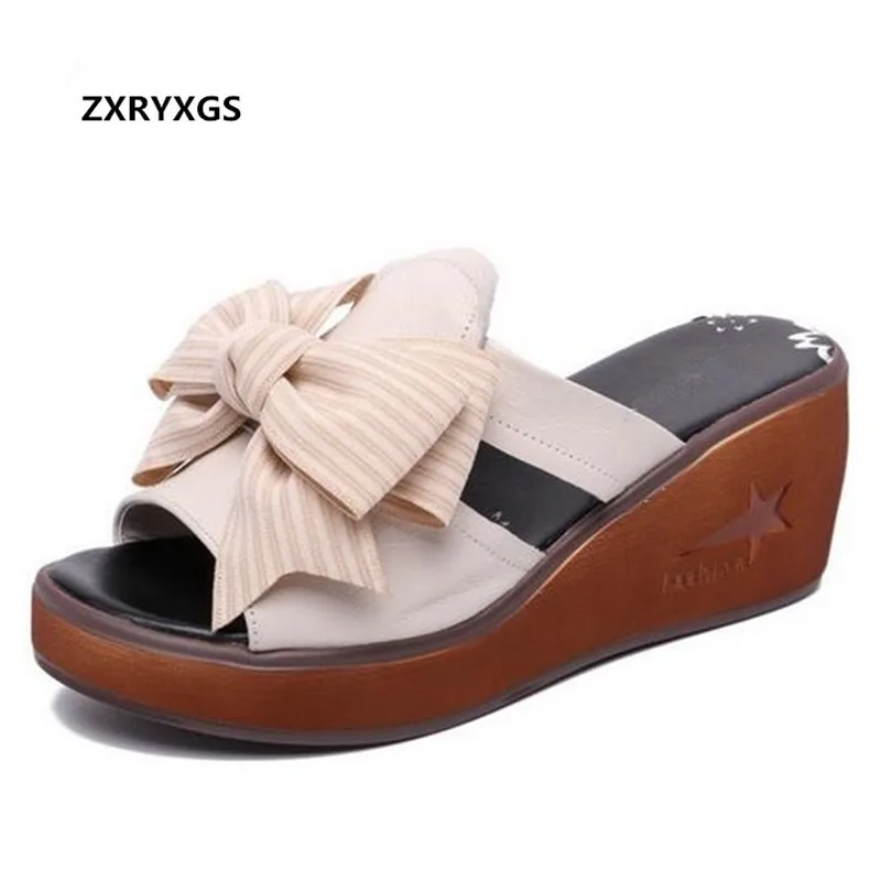 

2019 Newest Summer Sandals Fashion Wild Slope with Platform Slippers Large Size Bow Genuine Leather Shoes Women Slippers Sandals