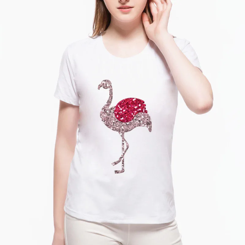 

2018 Harajuku Cute Women Tops Fake sequins flamingos Print t shirt Loose Round Neck hipster lady clothing wah1(1) #