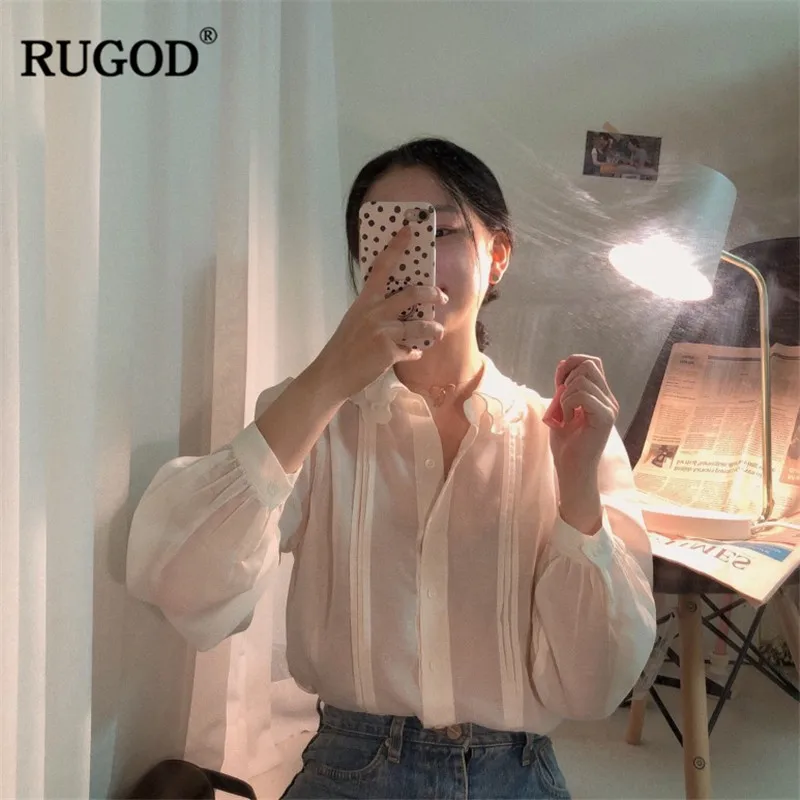 RUGOD Новое поступление женская элегантная однотонная блузка офисная одежда отложной воротник белые блузки femlae повседневные однотонные женские блузки