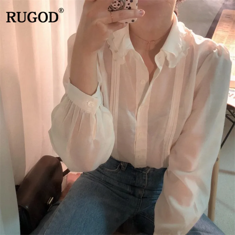 

RUGOD New arrival women Elegant solid blouse office wear turn-down collar White blouses femlae Casual 2019 solid Ladies blouses