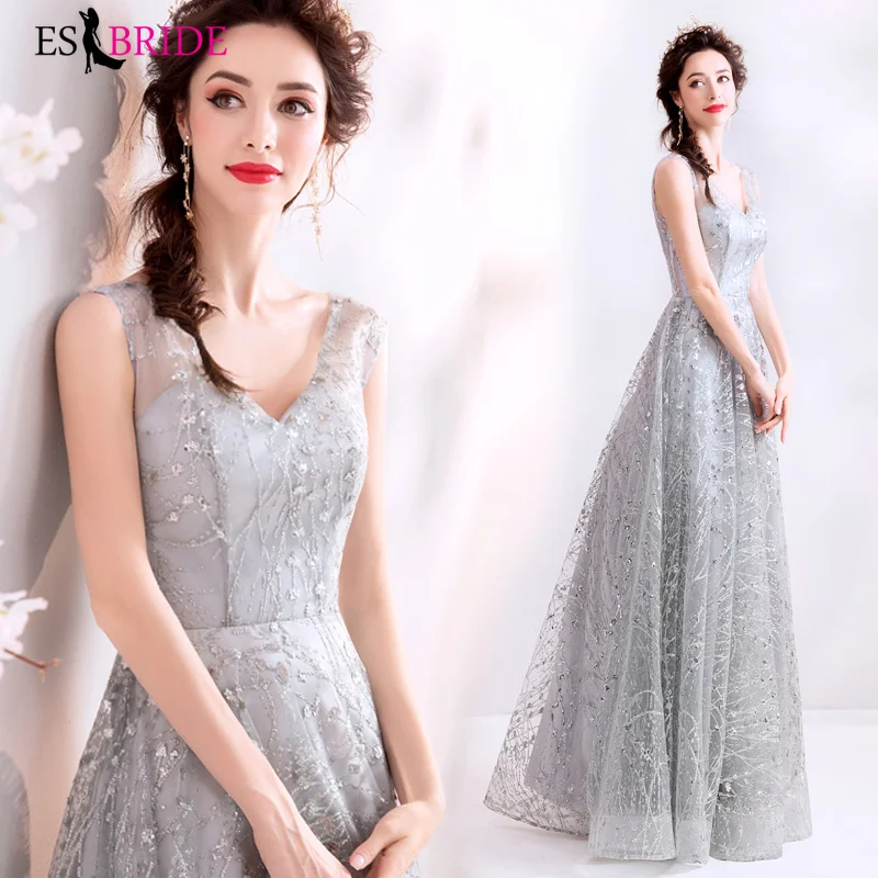 

2019 Evening Gowns for Women Elegant Sleeveless Robe De Soiree Grey V-neck Backless Sexy Formal Dress Long Evening Dress ES2110