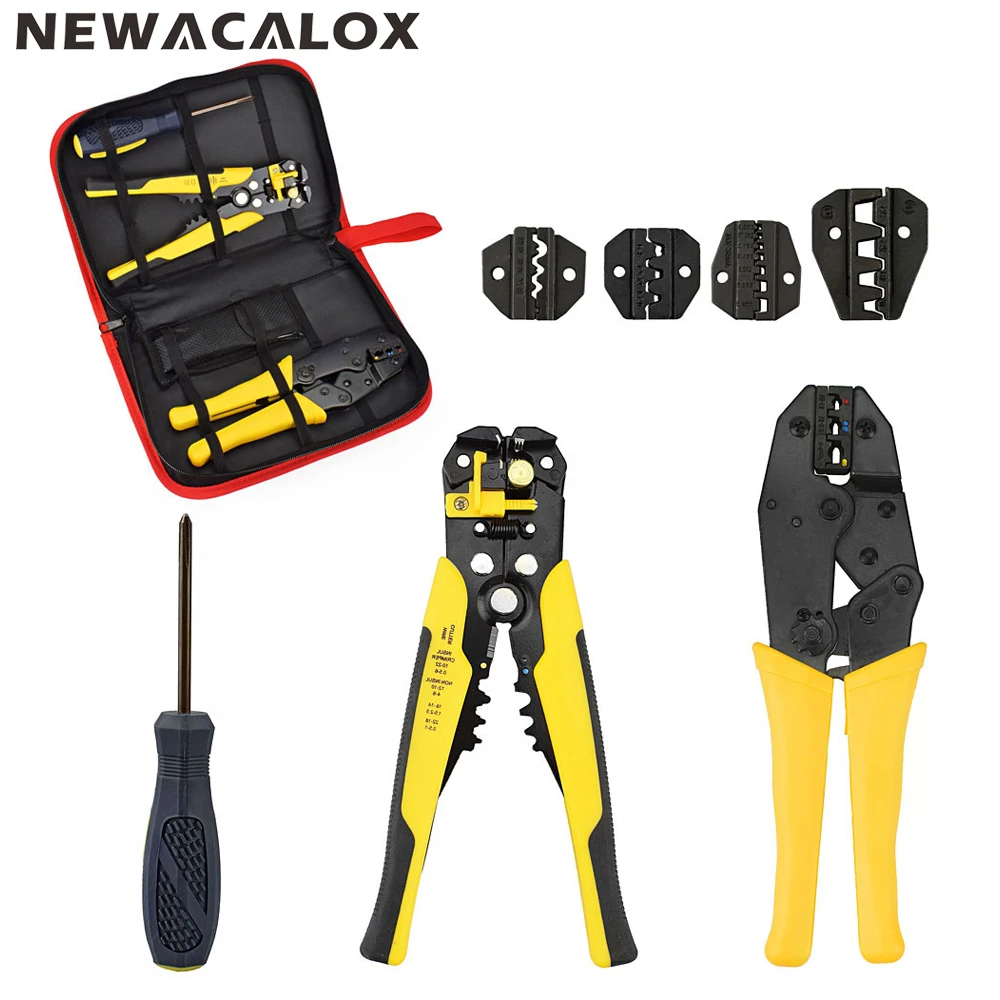 

NEWACALOX Pliers Set Self-adjustable Terminal Tool Kit Wire Stripper Crimping Pliers Wire Crimp Screwdriver with Tool Bag