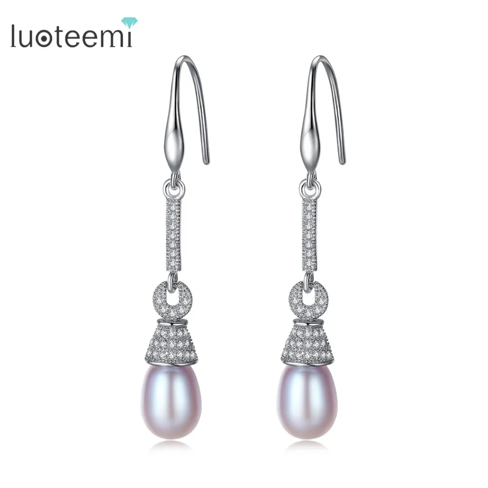 

LUOTEEMI Fashion 100% Nature Pearl Drop Dangle Earrings For Women Real 925 Sliver With Small CZ Stone Elegant Earrings Jewellery