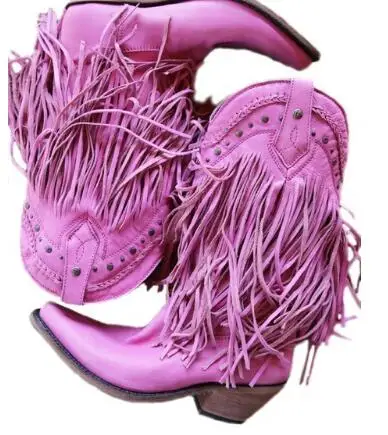 Богемные гладиаторы для женщин мотоботы на низком каблуке до середины икры ковбойские сапоги с бахромой обувь сезон весна-осень женские сапоги с кисточками - Цвет: as picture