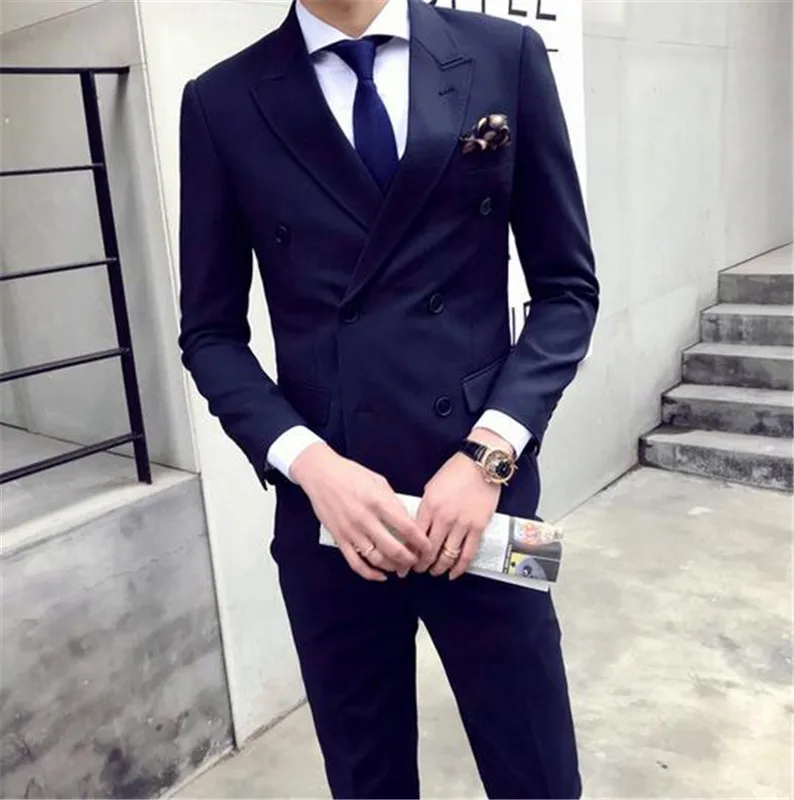

Navy Peaked Lapel Men Suit Casual Business 2 Pieces Formal Dress Mens Suits Set Men Wedding Suit For Men Groom Tuxedos