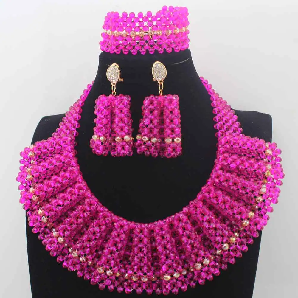 

New Fuschia Pink Chunky Bib Women African Jewelry Sets Handmade Crystal Beaded Bridal Necklace Set New Year Gift Free ShipLK0029