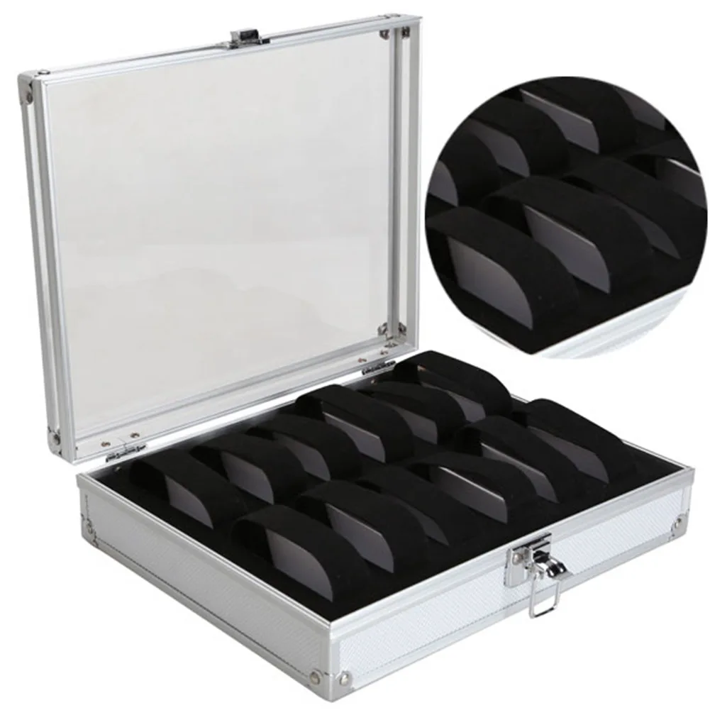 Skup Delikatny uchwyt na zegarek ze stopu aluminium pudełka z miękkiego zamszu 12 gniazd siatki gabloty kwadratowe pudełko do przechowywania akcesoria do zegarków PT