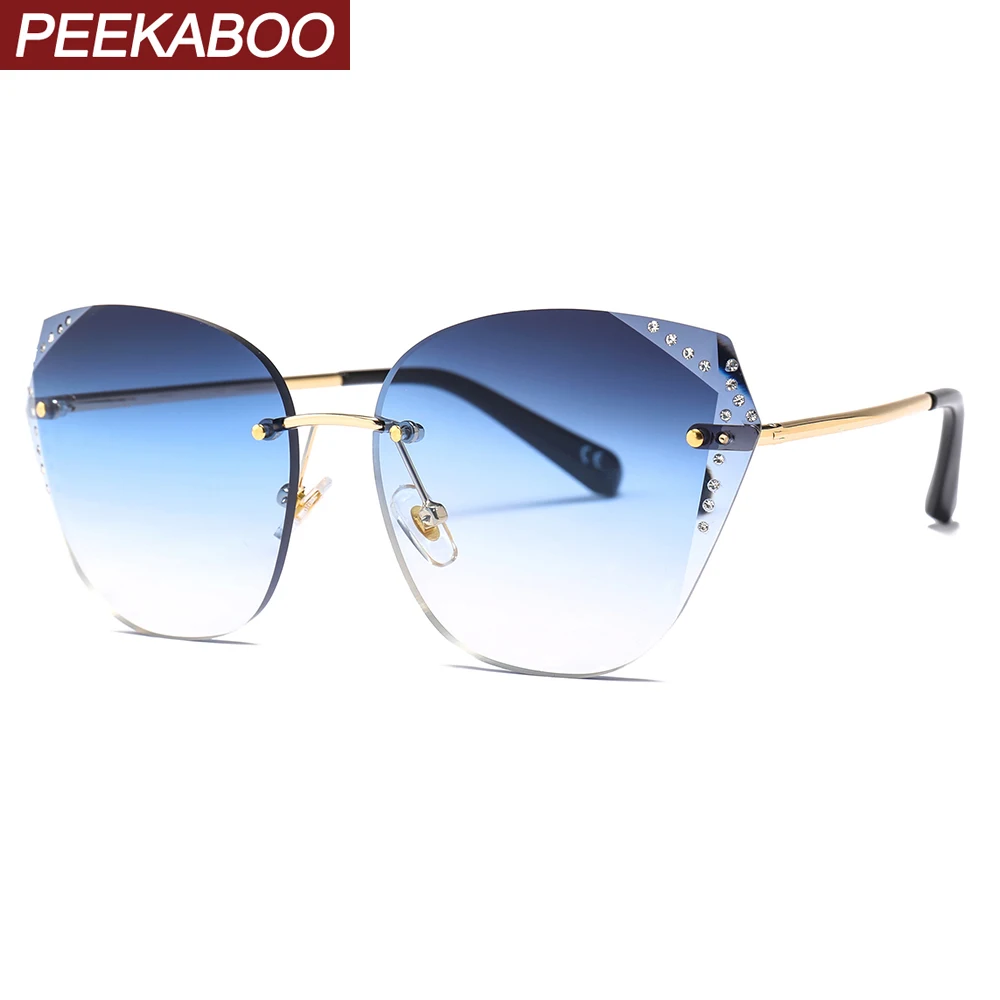 

Peekaboo women rhinestone sunglasses cat eye 2019 luxury rimless sun glasses for women uv400 green blue female accessories